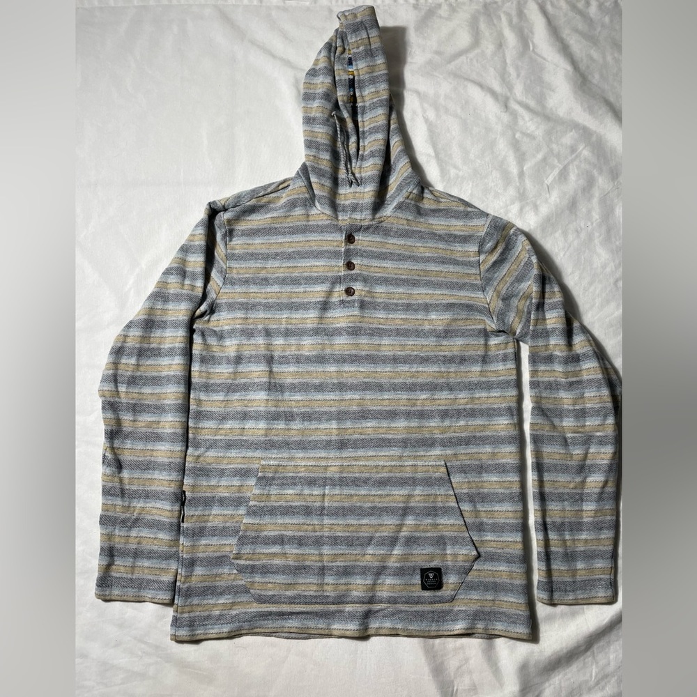 Vissla Hoodie Mens Small Grey Striped Woven Henley Surf Beach Hooded